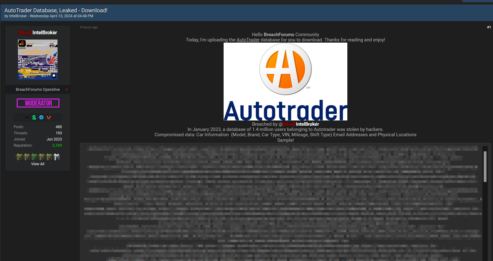[repost] AutoTrader DB Leaked - IntelBroker