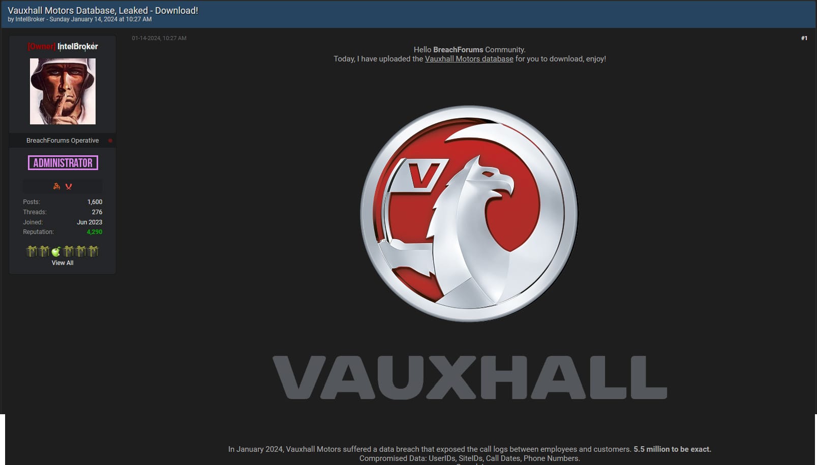 Vauxhall Motors Faces Massive Data Breach 5.5 Million Records Exposed