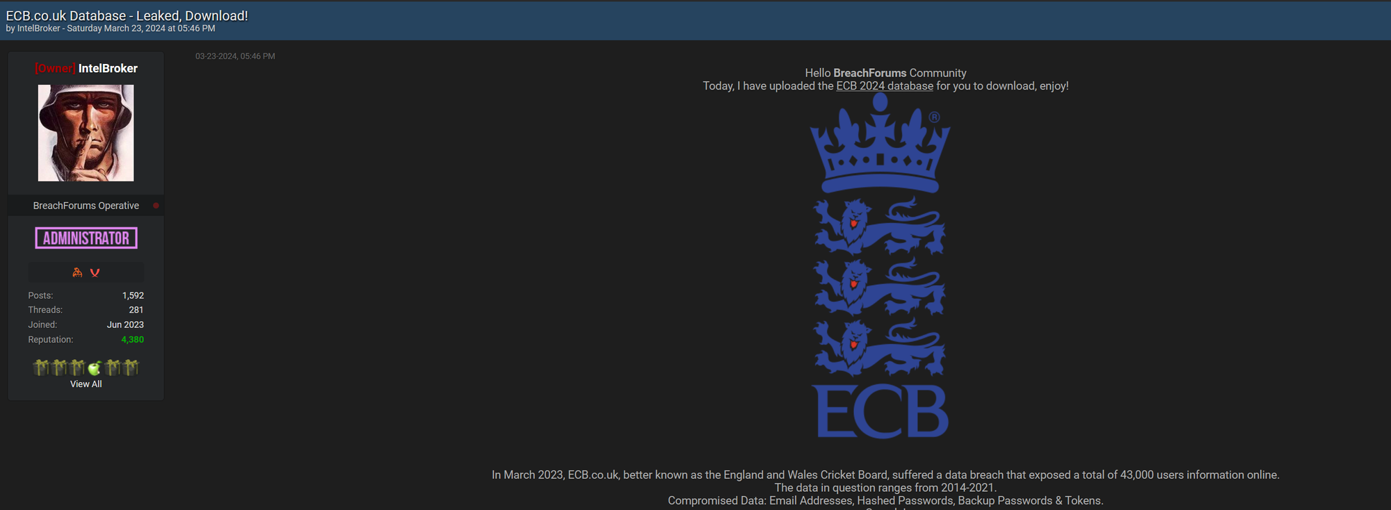 England and Wales Cricket Board (ECB) Hit by Major Data Breach 43,000