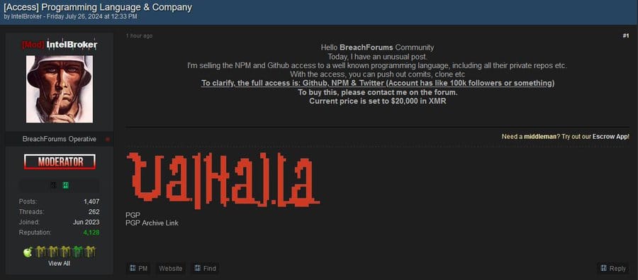 Unauthorized GitHub and NPM Access Up for Sale: $20,000 in XMR