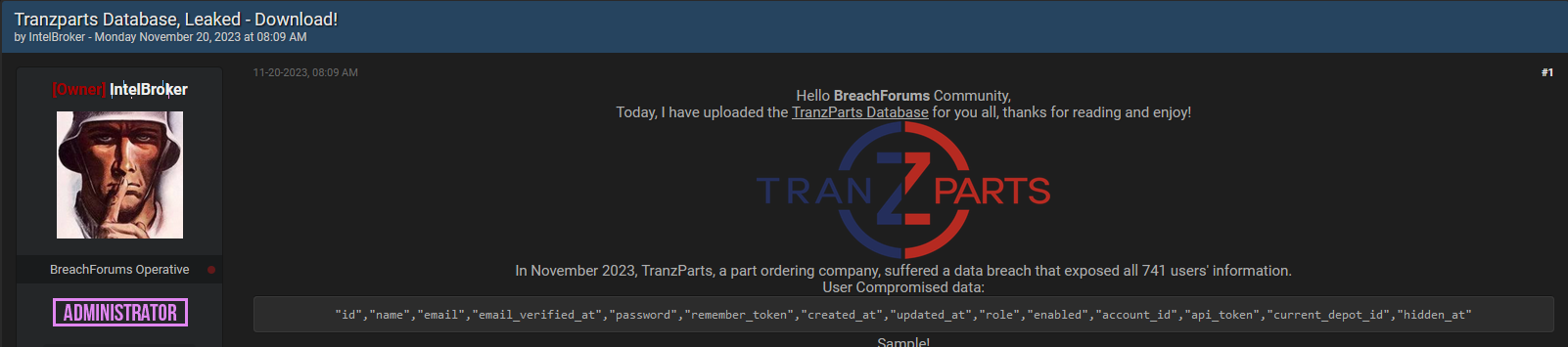 TranzParts Database Leak Exposes 741 Users' Information