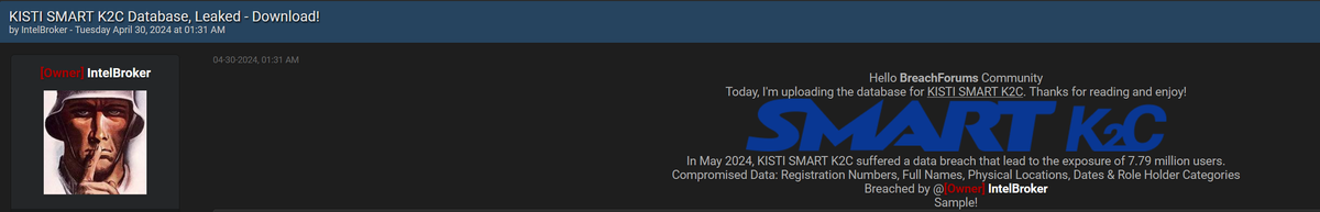 KISTI SMART K2C Database Breach: 7.79 Million Users' Data Exposed