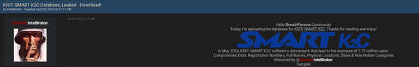 KISTI SMART K2C Database Breach: 7.79 Million Users' Data Exposed