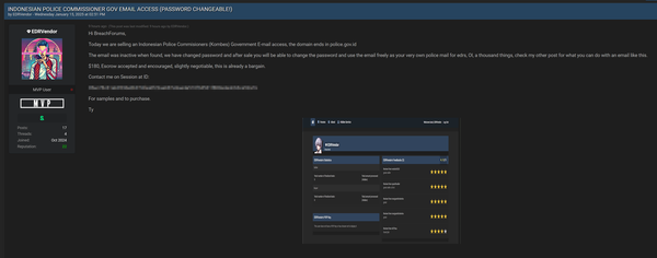 Indonesian Police Commissioner Government Email Access Offered for Sale