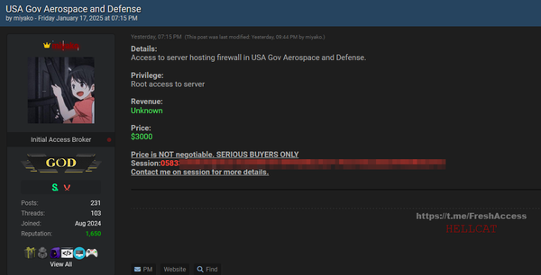 Miyako lists USA Gov Aerospace and Defense firewall access for sale