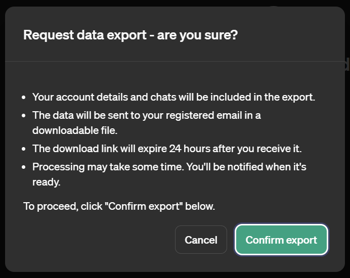 confirming exporting of data in chatgpt